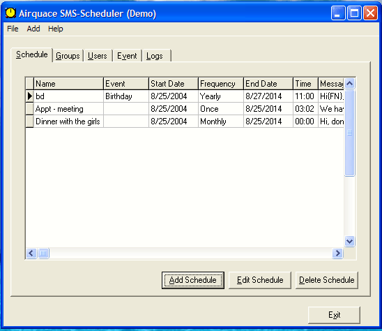 Airquace SMS-Scheduler Demo Screenshot